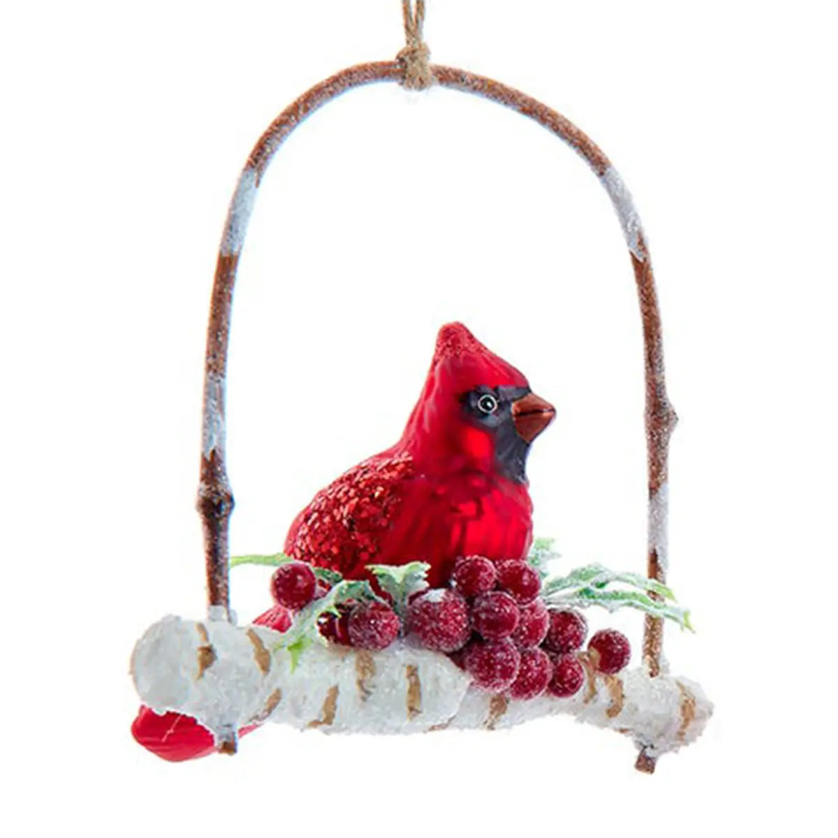 Kurt Adler  4.5in Glass Cardinal on Branch w Birch Berries Ornament, Set of 2