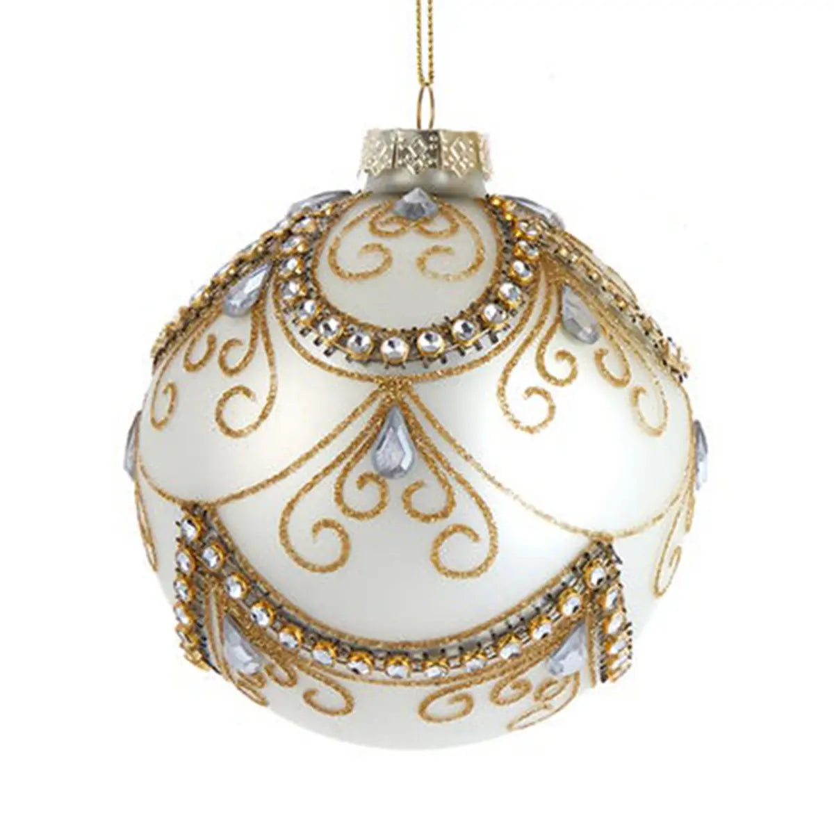 Kurt Adler 4in Glass Ivory & Gold Pattern Ball, Set of 2 Ornament