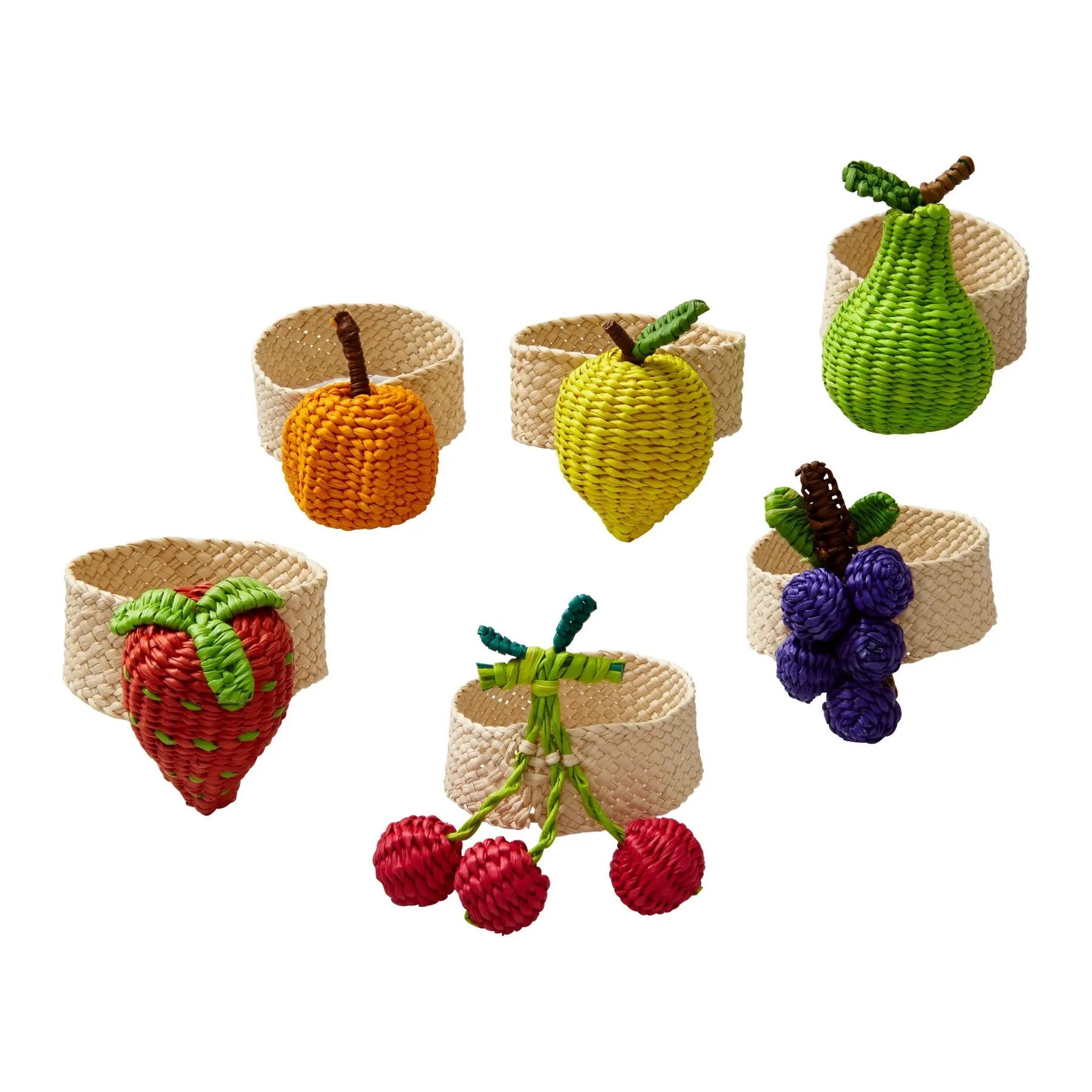 Mode Living Orchard Napkin Ring Collection shown with Cherry Grapes Lemon Pear Pumpkin Strawberry.