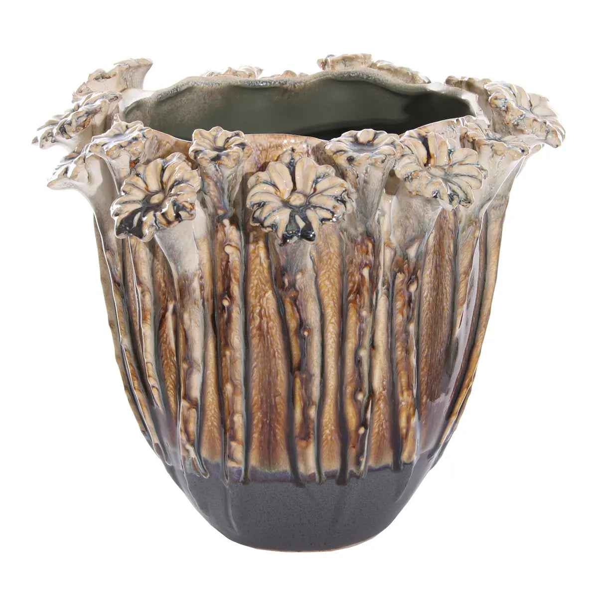 ShiShi Ceramic Pot Attached Flowers Cream Brown