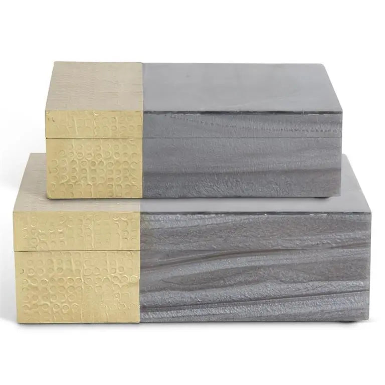K and K Interiors Grey Marbled Resin and Textured Brass Nesting Boxes in Large and Small