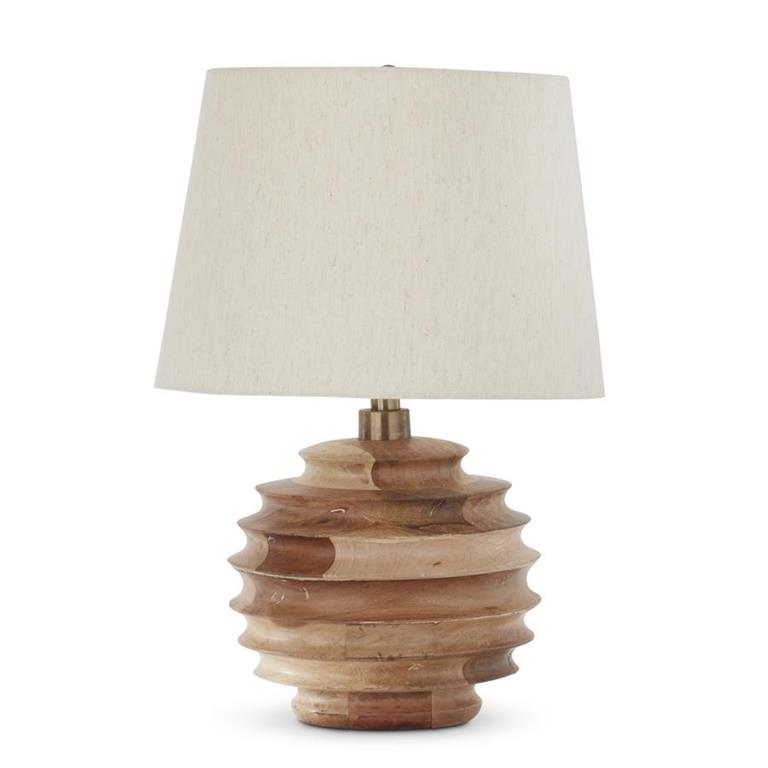 An image of K & K Mango Wood Ribbed Round Lamp with Shade