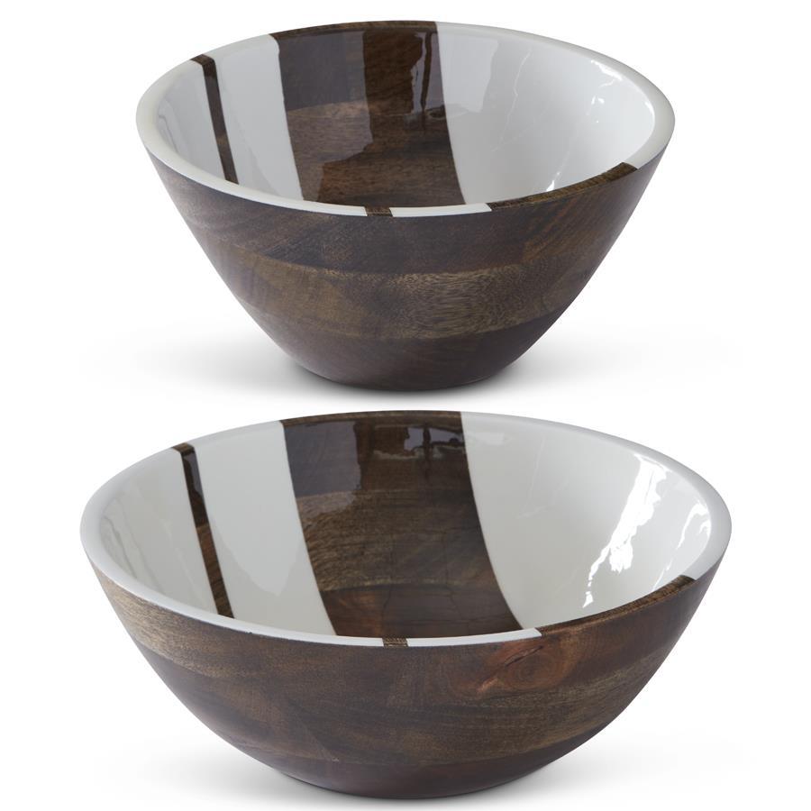 K&K Interiors Mango Wood Enameled Round Striped Bowls Set of 2- D:12" H:4.5"