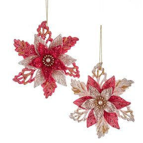 Kurt Adler Ruby Red Platinum Poinsettia Ornament