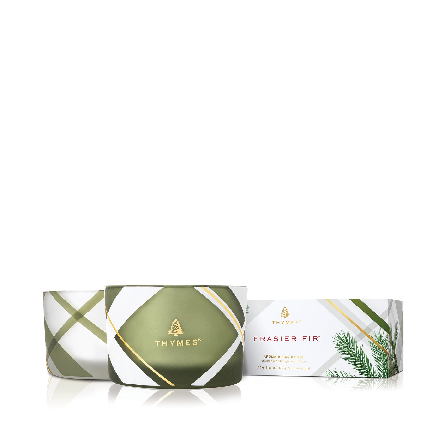 An image of Thymes Fraiser Fir Frosted Plaid Small Poured Candle Set