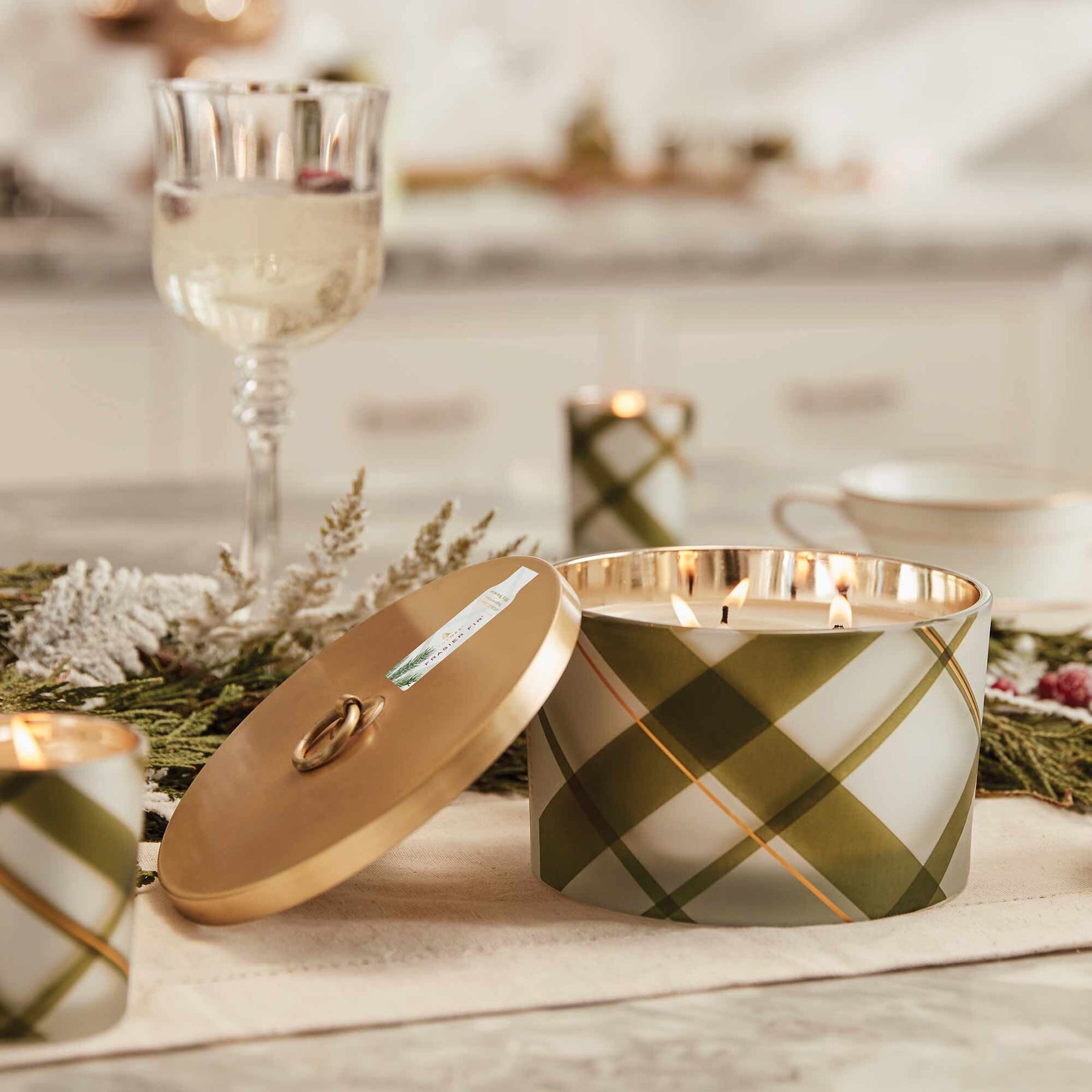 An image of Thymes Fraiser Fir Frosted Plaid Large Candle 18 oz