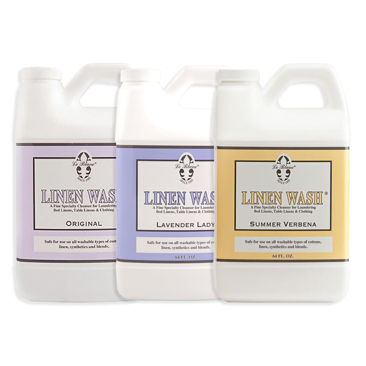 Image of three white one gallon bottles of linen wash consisting of three different scents