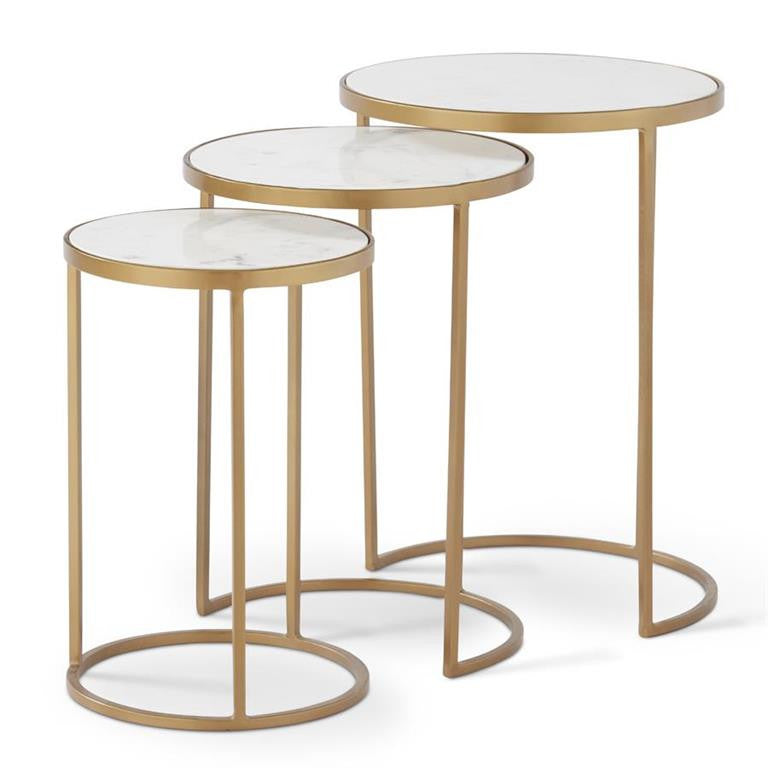 K & K Interiors Round Nesting Tables Gold Metal with White Marble (Set of 3)
