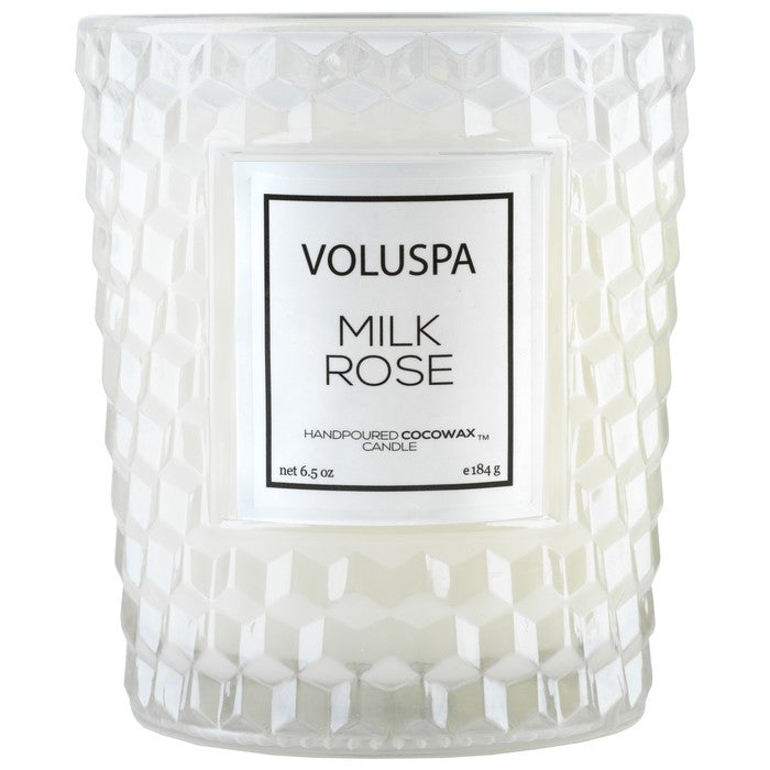 Voluspa Rose Collection Milk Rose Classic Candle in Textured Glass