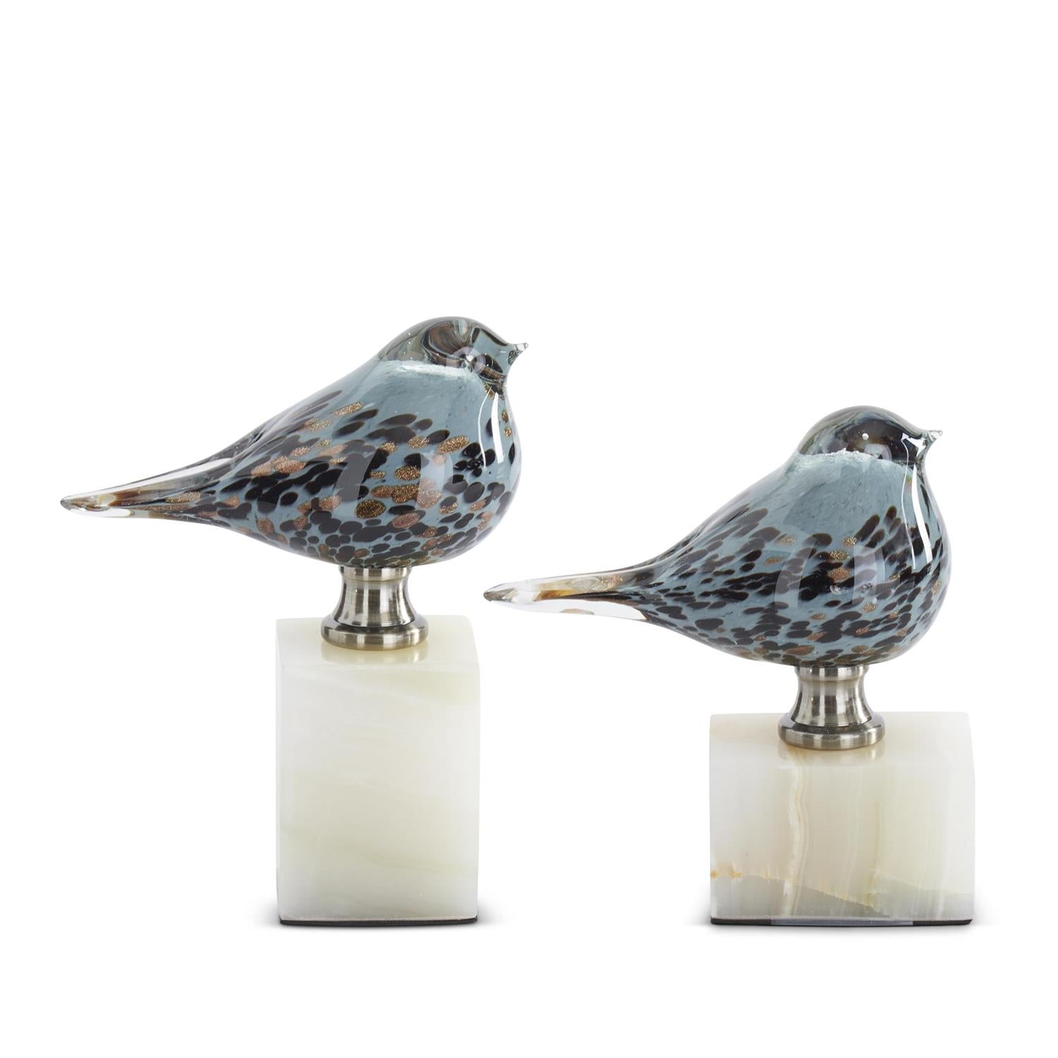 K&K Set of 2 Blue Glass Birds on White Marble Square Bases