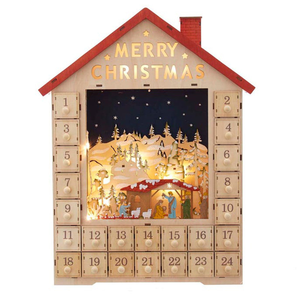 Kurt Adler 19 in Light-Up Advent Calendar Inmerry Christmasin House With Nativity Scene