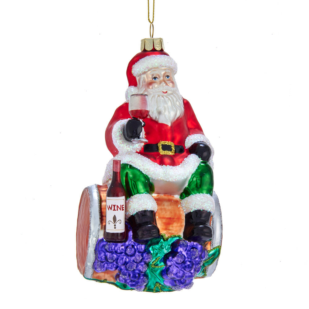 Kurt Adler 5.5 in Glass Santa On Wine Barrel Ornament