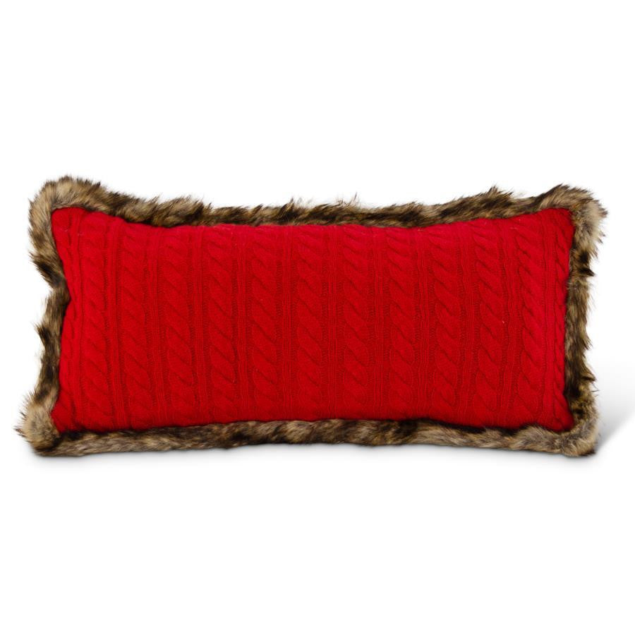 KK Interiors Red Cable Knit with Faux Fur Rectangular Pillow