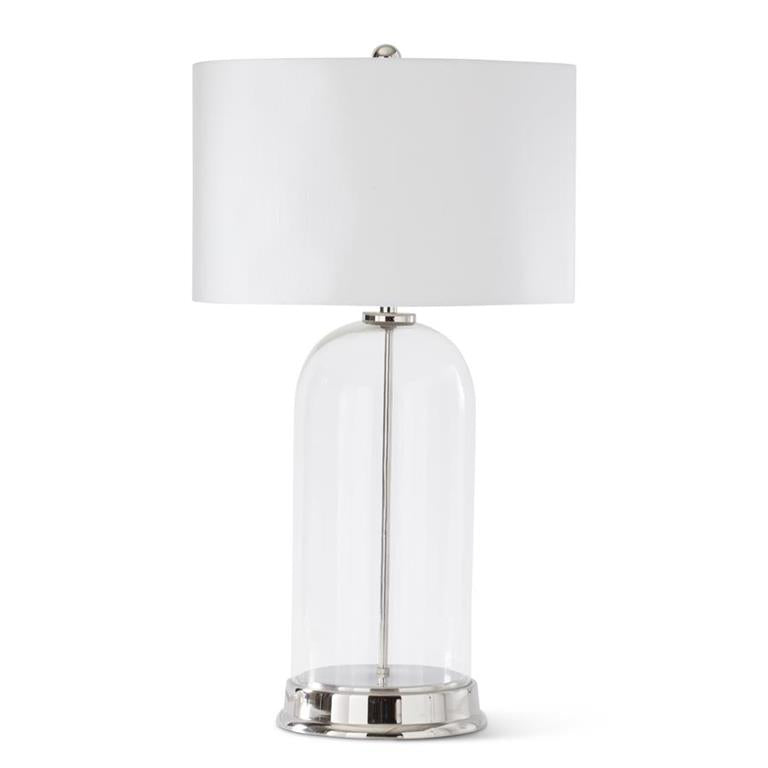 K & K Interiors 29.5" Clear Glass Lamp with Silver Metal Spine & White Shade