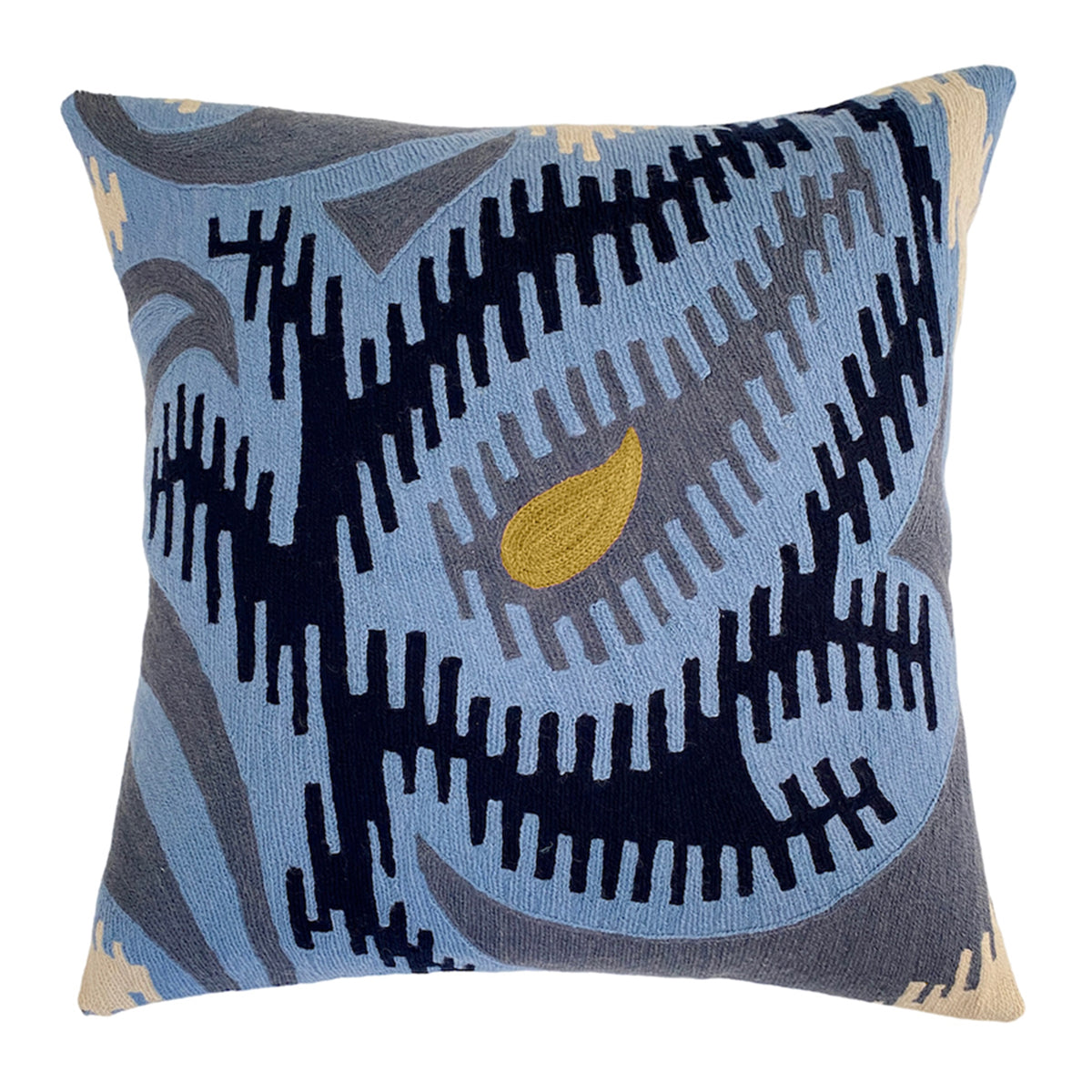 Judy Ross Paisley 18" Embroidered Pillow - Cornflower/Navy/Slate/Oyster/Curry
