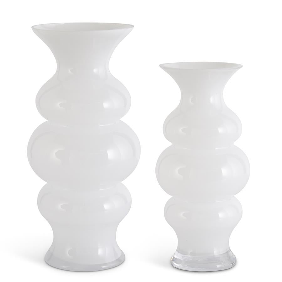 K&K Set of 2 White Glass Ribbed Hourglass Fluted Vases