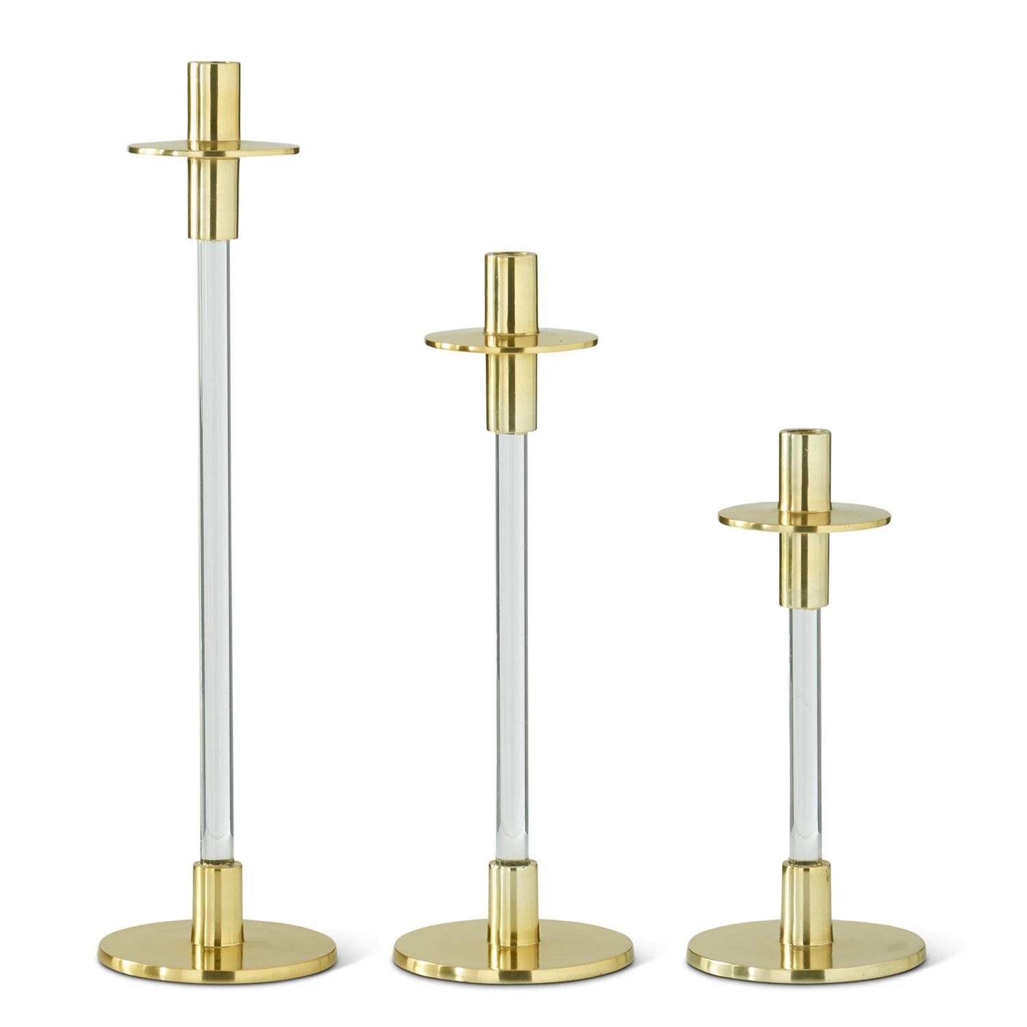 K&K Set of 3 Acrylic / Gold Metal Slender Taper Candleholders