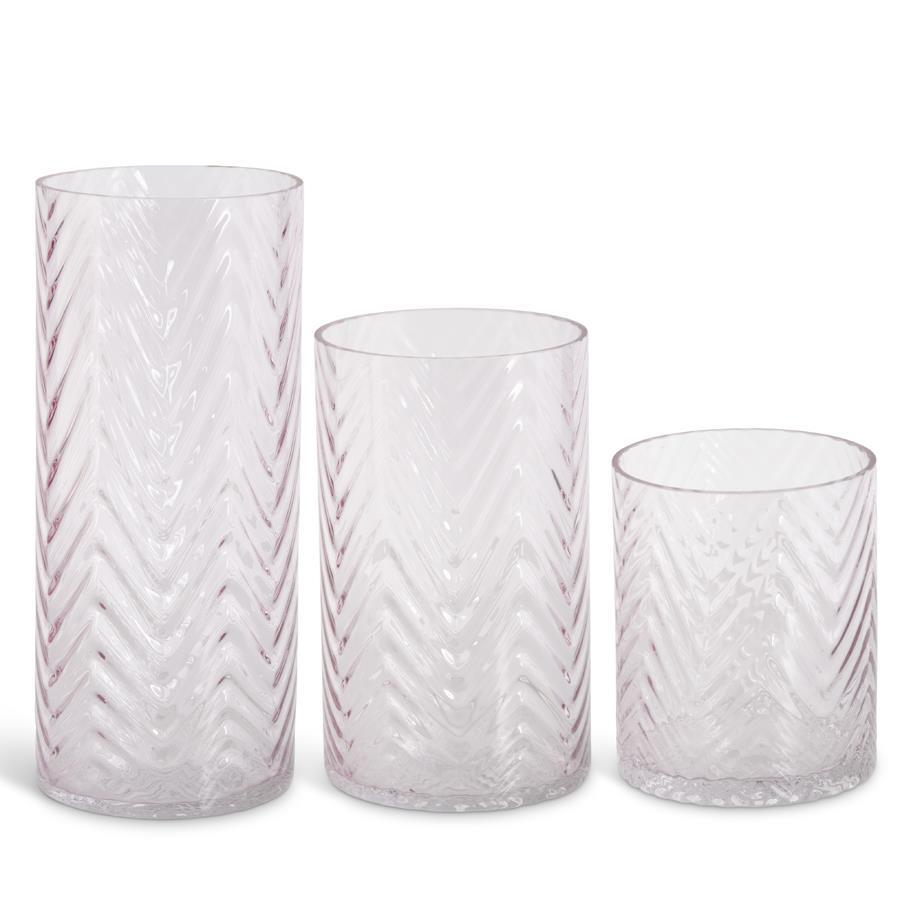 K&K Set of 3 Transparent Pink Chevron Embossed Glass Vases