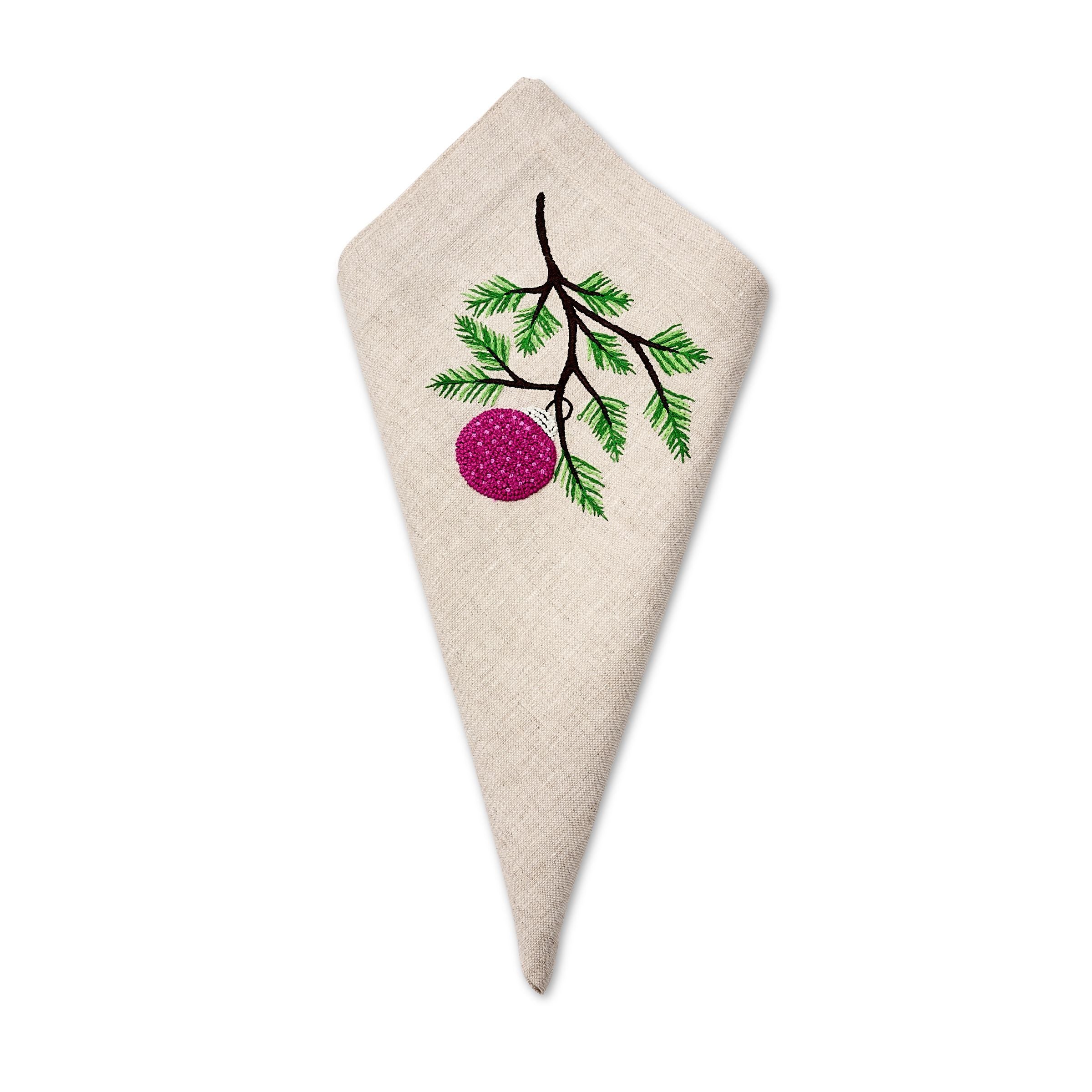 Deborah Rhodes Flax Holiday Ornament Embroidered Napkin - Cranberry