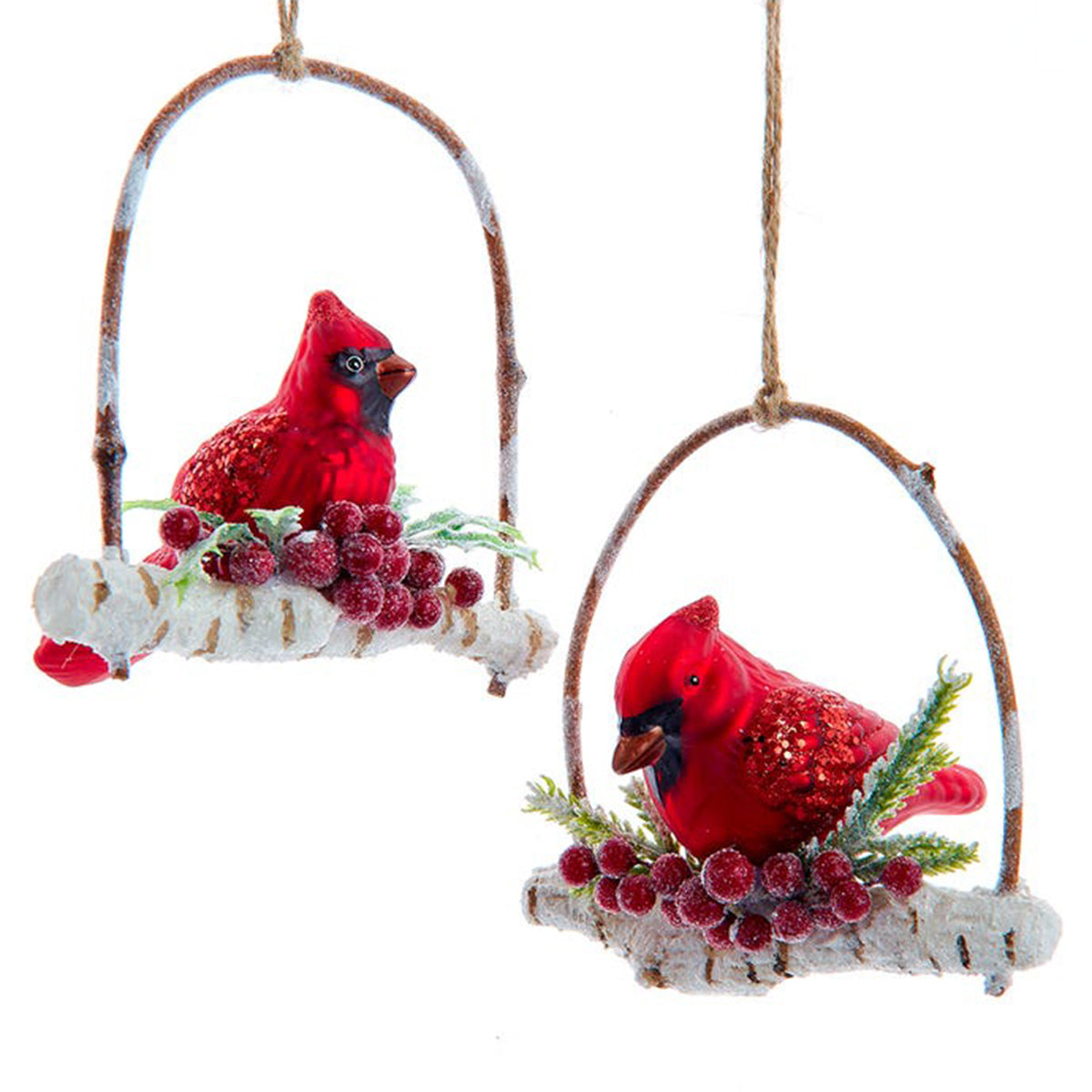 Kurt Adler 4.5" Glass Cardinal on Branch w/ Birch Berries Ornament, Set of 2