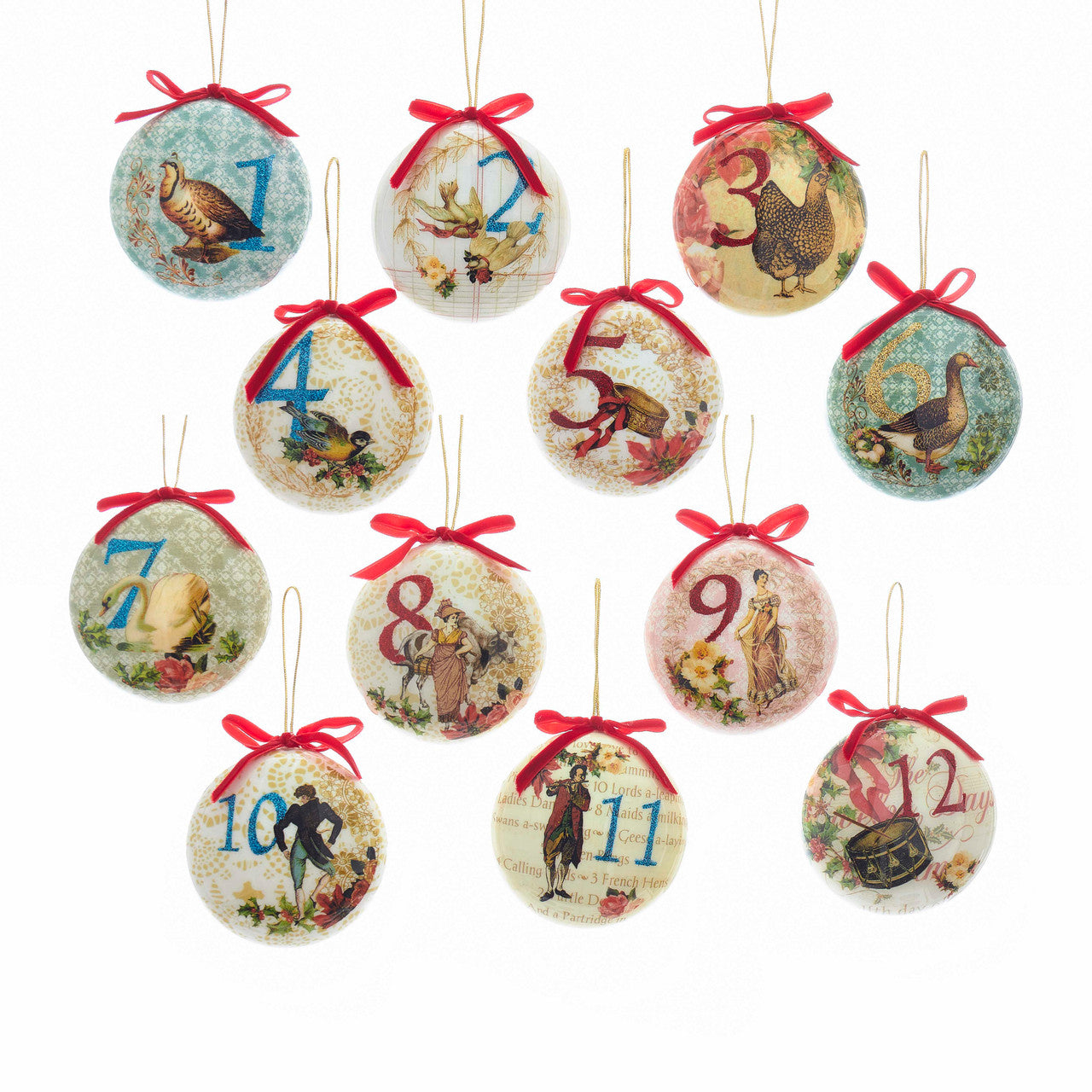 Kurt S Adler 12 Days Decoupge Ball Ornament- Set of 12