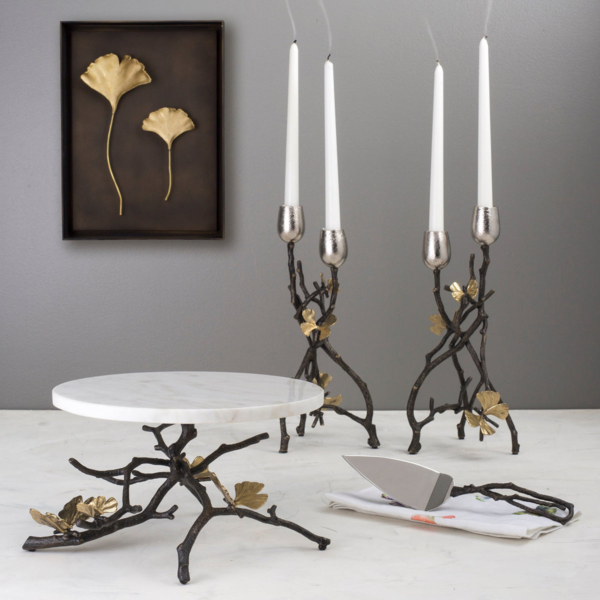 An image of Michael Aram Butterfly Ginkgo Tall Candlerholder Set of 2