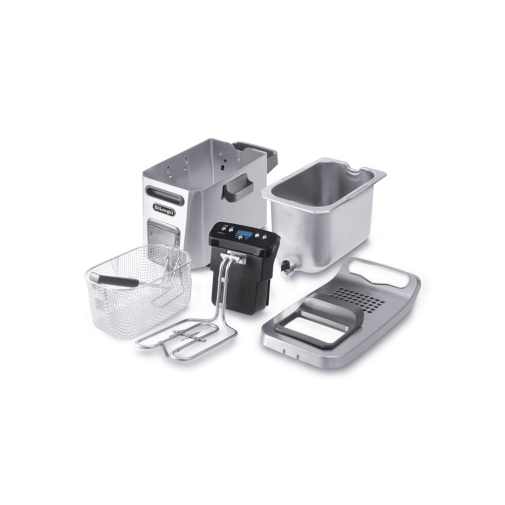 An image of DeLonghi Livenza Dual Zone Digital 4.5L Stainless Steel Deep Fryer with Easy Clean Drain System