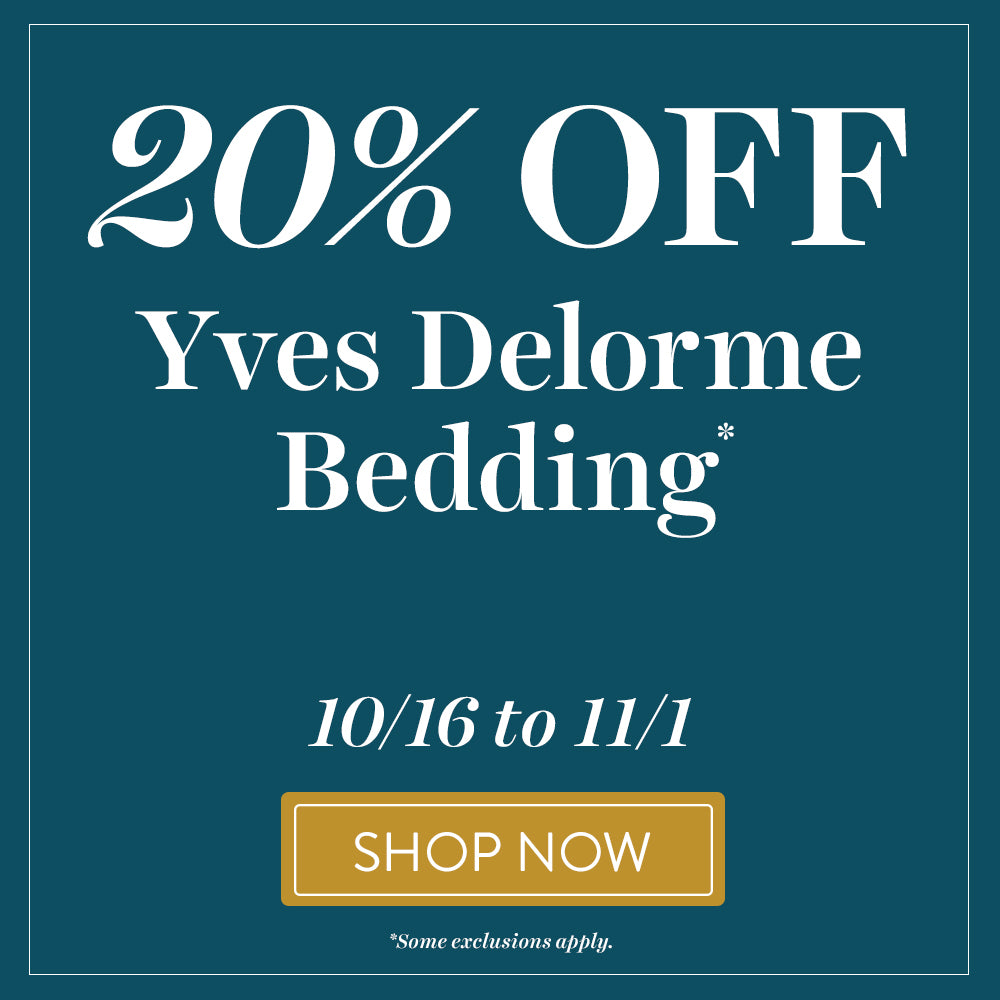 Image of sale banner for 20% Off Yves Delorme Bedding showing Muses Collection floral bed set.