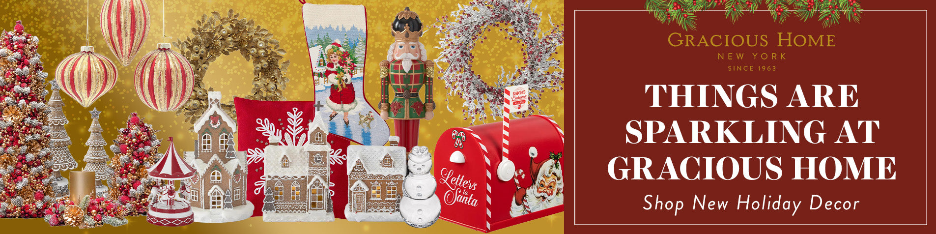 Image of red banner with new holiday Christmas decor from Gracious Home.