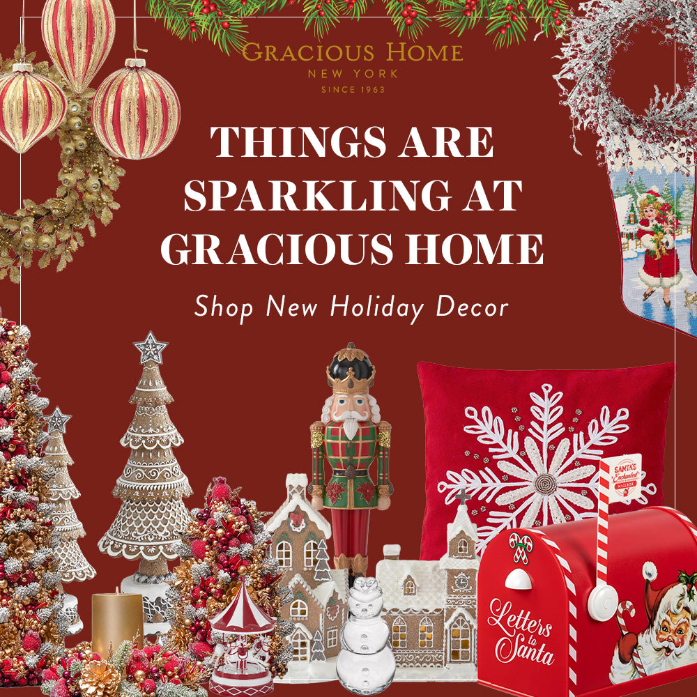 Image of red banner with new holiday Christmas decor from Gracious Home.