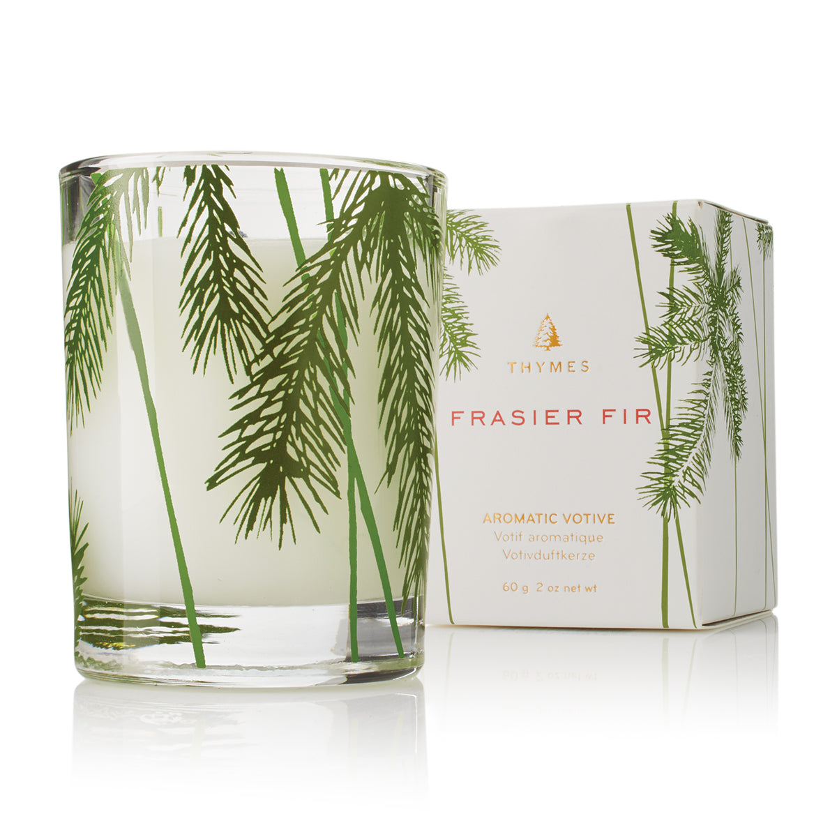 An image of Thymes Frasier Fir Pine Needle Design Votive Candle 2 oz