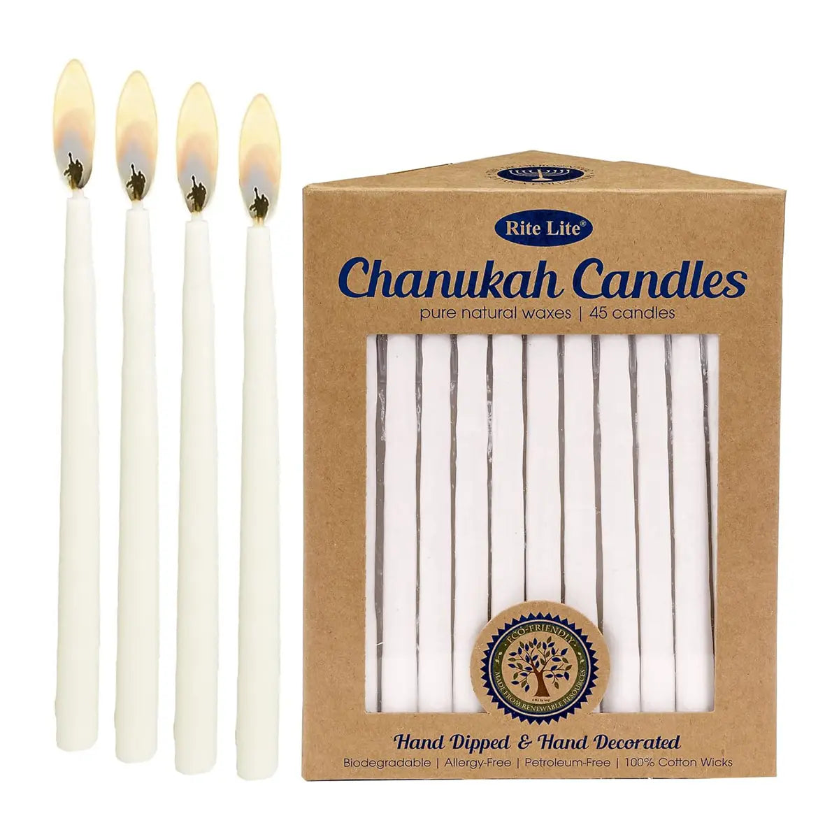 Rite Lite Hand Dipped Natural Wax Ivory Hanukah Candles Pure Natural Waves fourty five Candles Hand dipped and hand decorated biodegradable allergy free petroleum free one hundred percent cotton wicks