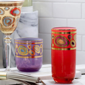 Vietri Regalia Aqua Double Old Fashioned Glass, Orange High Ball Glass, Cream Wine Glass  on a kitchen counter