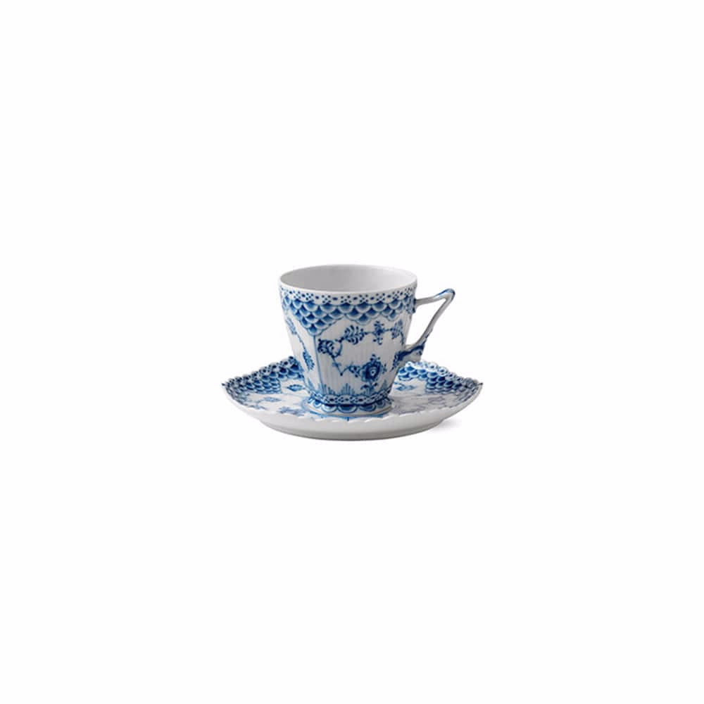 An image of Royal Copenhagen Blue Fluted Full Lace Coffee Cup & Saucer
