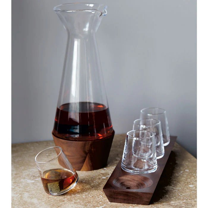 An image of Simon Pearce Ludlow Whiskey Glass Set with Wood Base