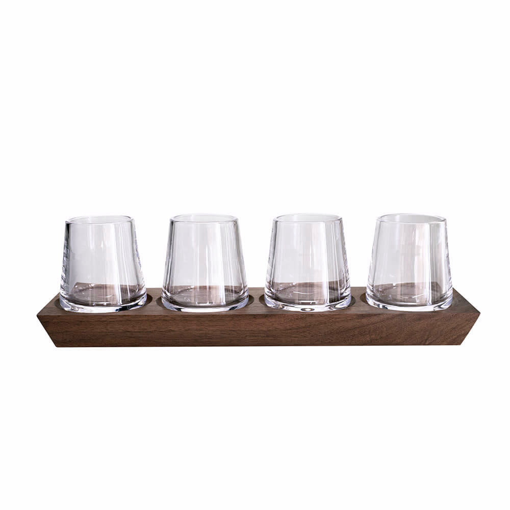 An image of Simon Pearce Ludlow Whiskey Glass Set with Wood Base