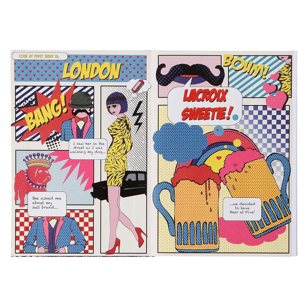 Inside of Hachette Christian Lacroix London A5 Notebook with Comic, reading LOVE AT FIRST SITE, LONDON, BANG!, I SAW HER IN THE STREET AS I WAS WALKING MY DOG... SHE ASHED ME ABOUT MY SUIT BRAND... BOUM! LACROIX SWEETIE! WE DECIDED TO HAVE BEER AT FIVE!
