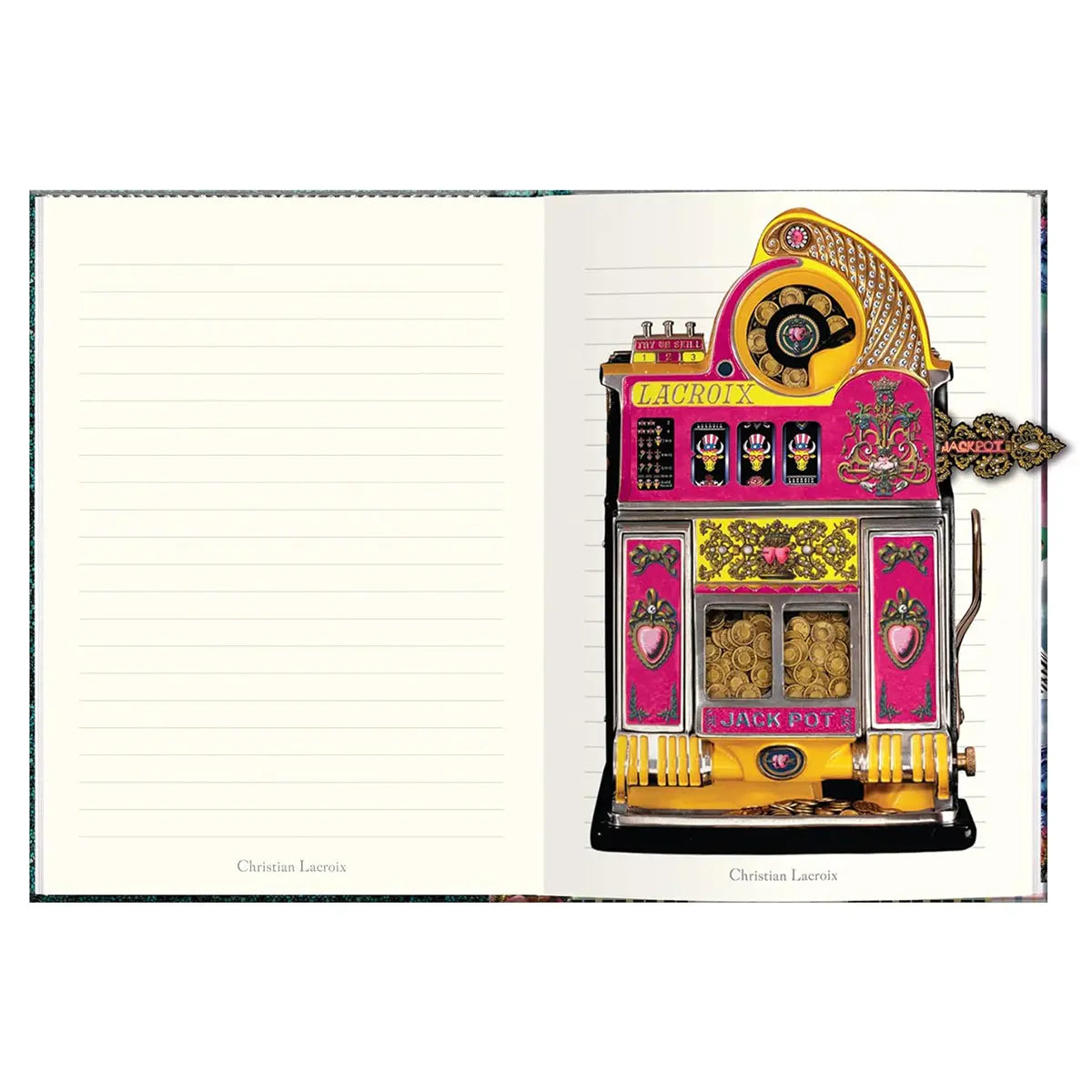 Inside of Hachette Christian Lacroix Fete vos Jeux Large Journal with ivory ruled pages and jackpot slot machine in pink and gold