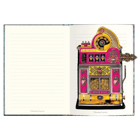 Inside of Hachette Christian Lacroix Fete vos Jeux Large Journal with ivory ruled pages and jackpot slot machine in pink and gold