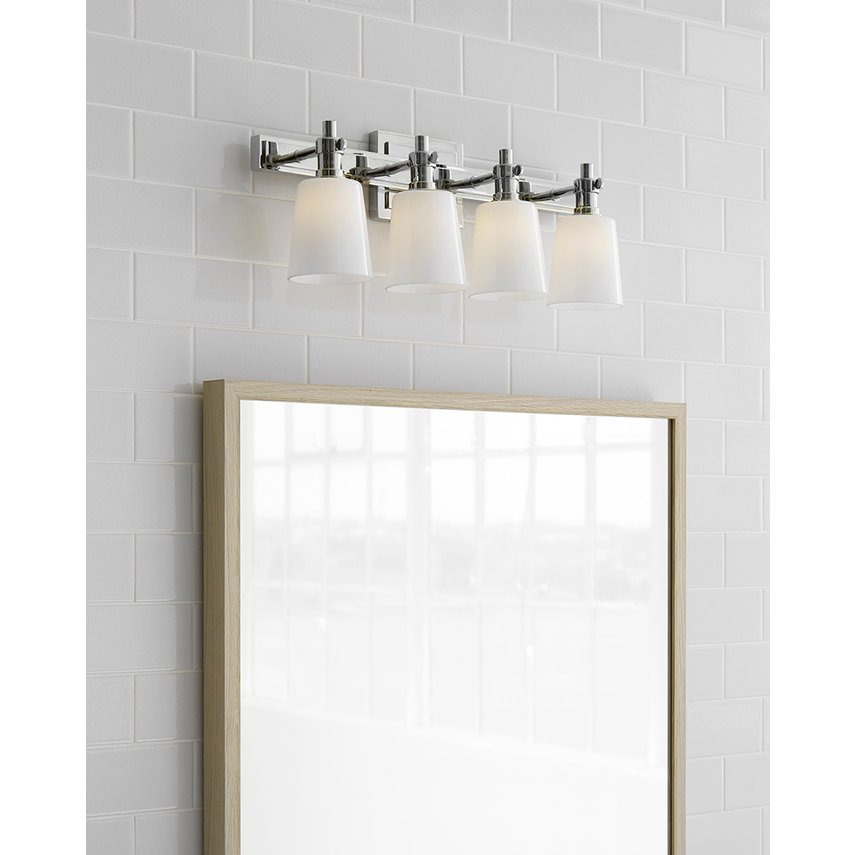 An image of Visual Comfort Thomas O'Brien Bryant Four-Light Sconce in Polished Nickel with White Glass