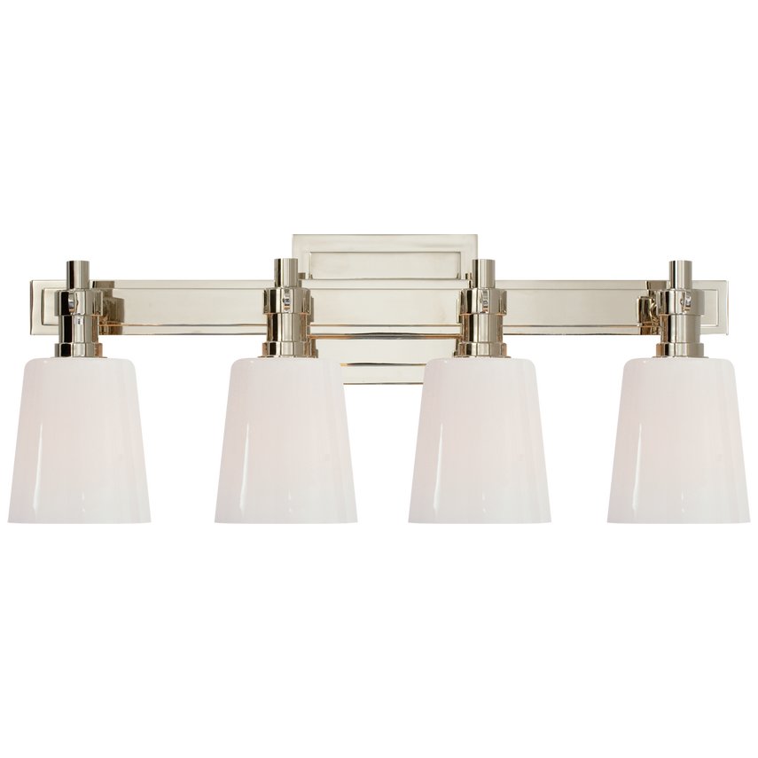 An image of Visual Comfort Thomas O'Brien Bryant Four-Light Sconce in Polished Nickel with White Glass