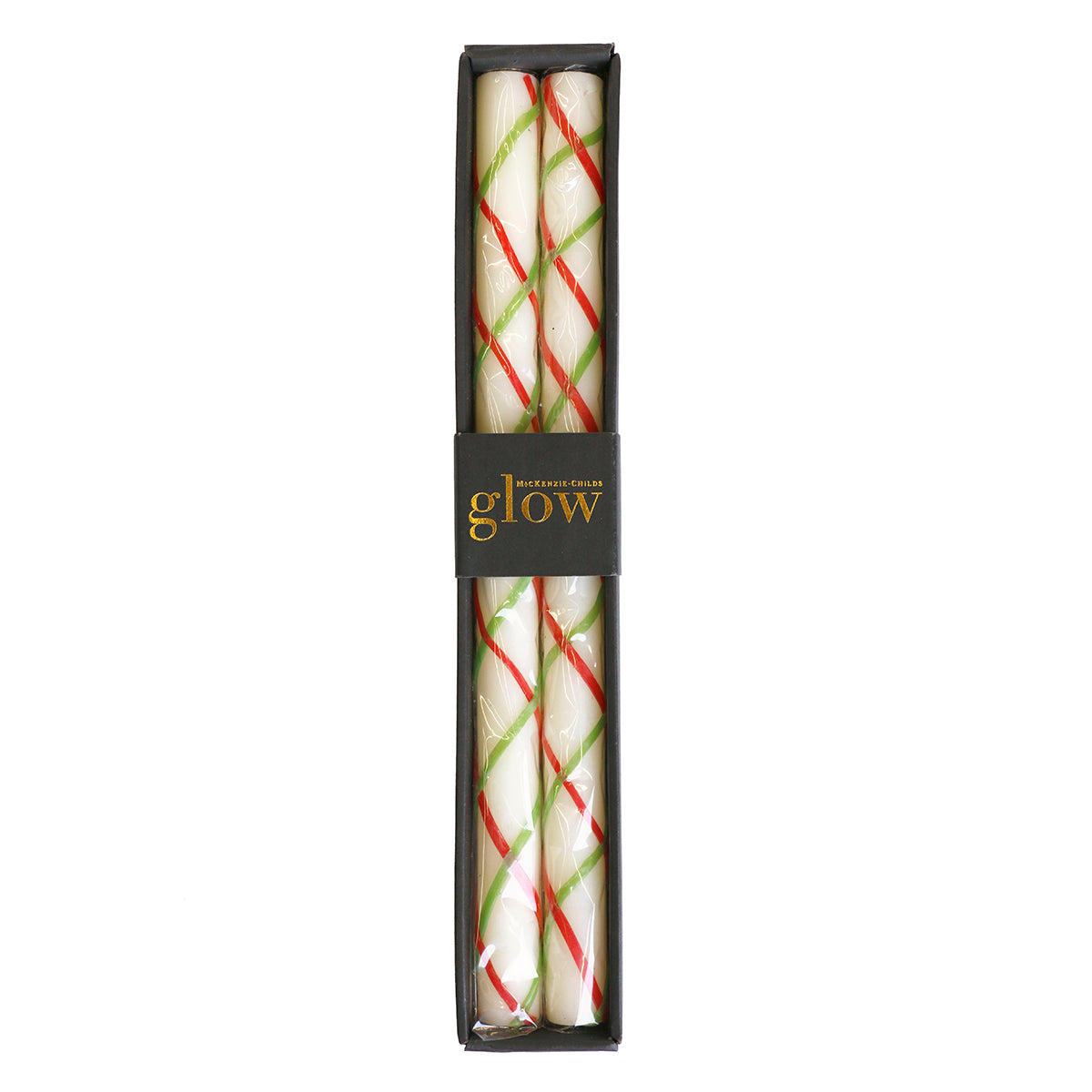 An image of Mackenzie Childs Glow Fishnet Candles Red/Green S/2