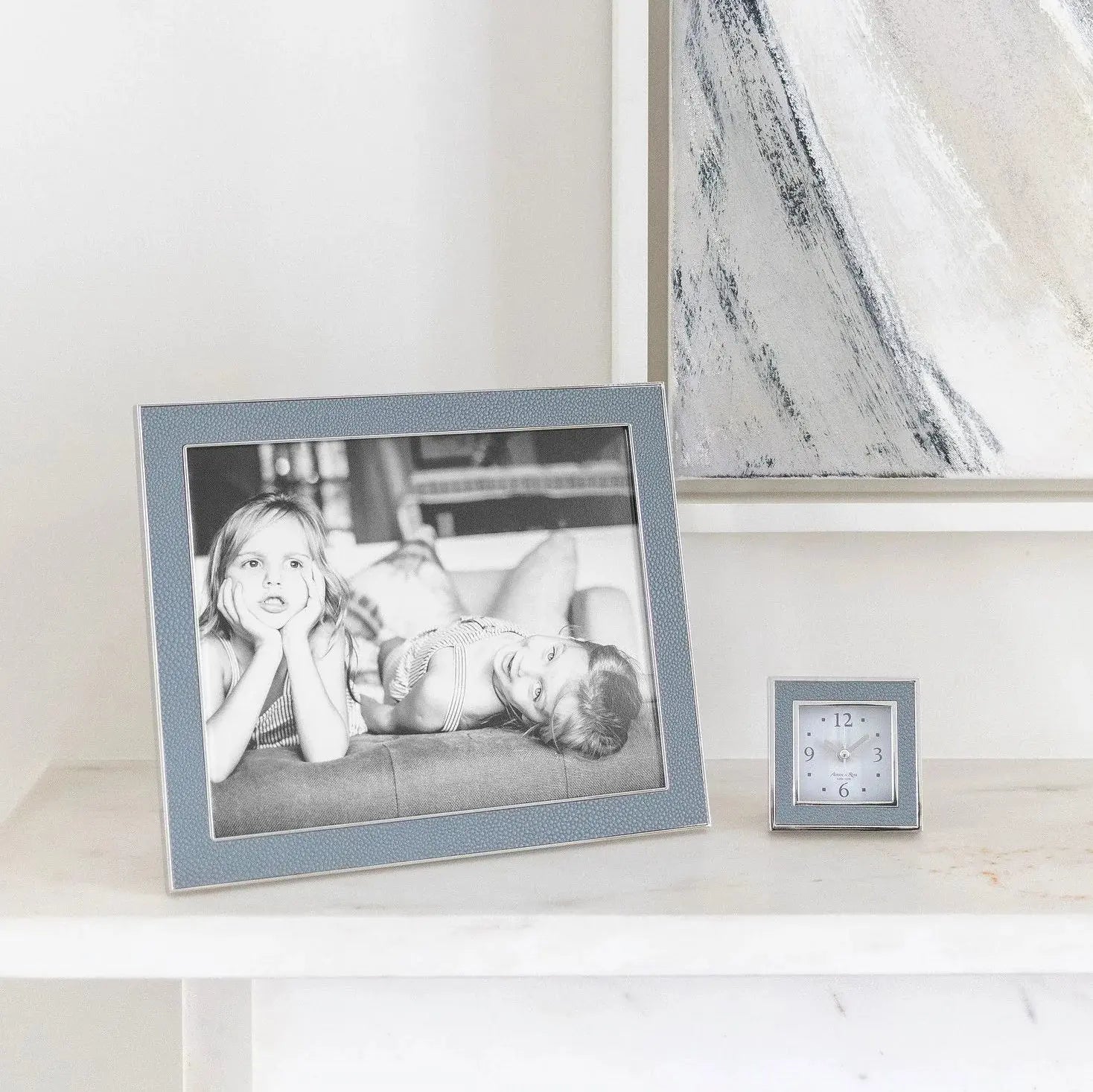 Addison Ross Faux Shagreen Picture Frame in Grey on a mantle in a room