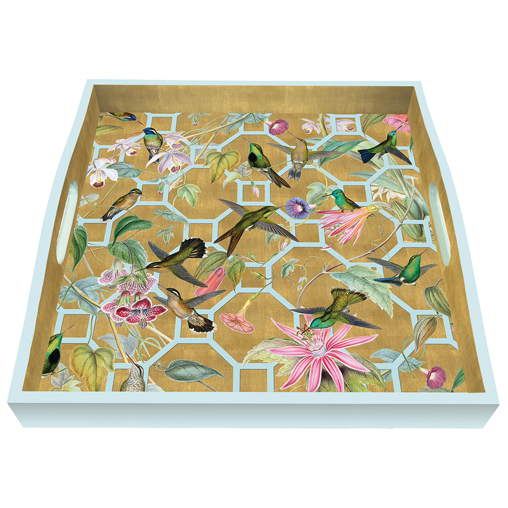 An image of Caspari Hummingbird Trellis Square Lacquer Tray - Gold
