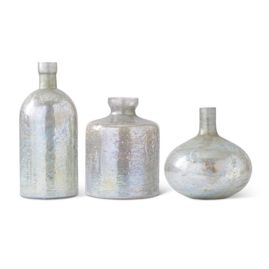 An image of K & K Antique Light Green Matte Glass Bottle Vases - Set of 3