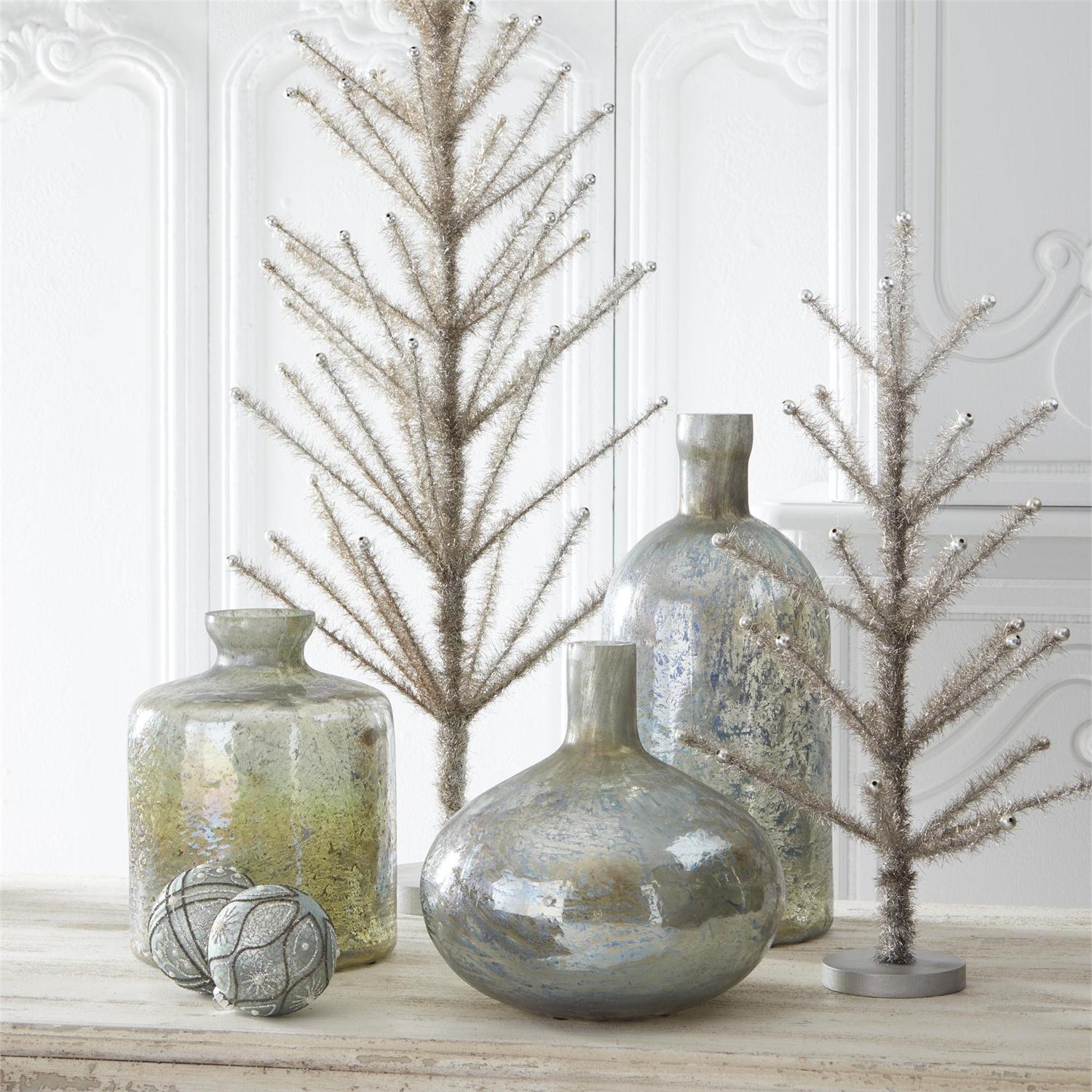 An image of K & K Antique Light Green Matte Glass Bottle Vases - Set of 3