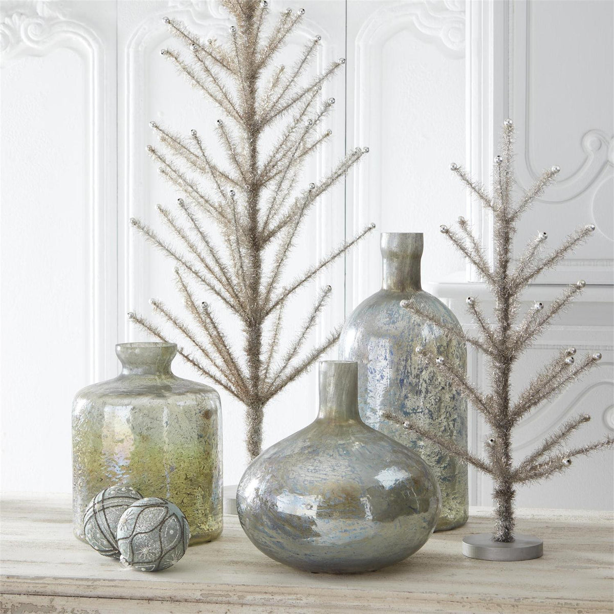 K & K Antique Light Green Matte Glass Bottle Vases - Set of 3