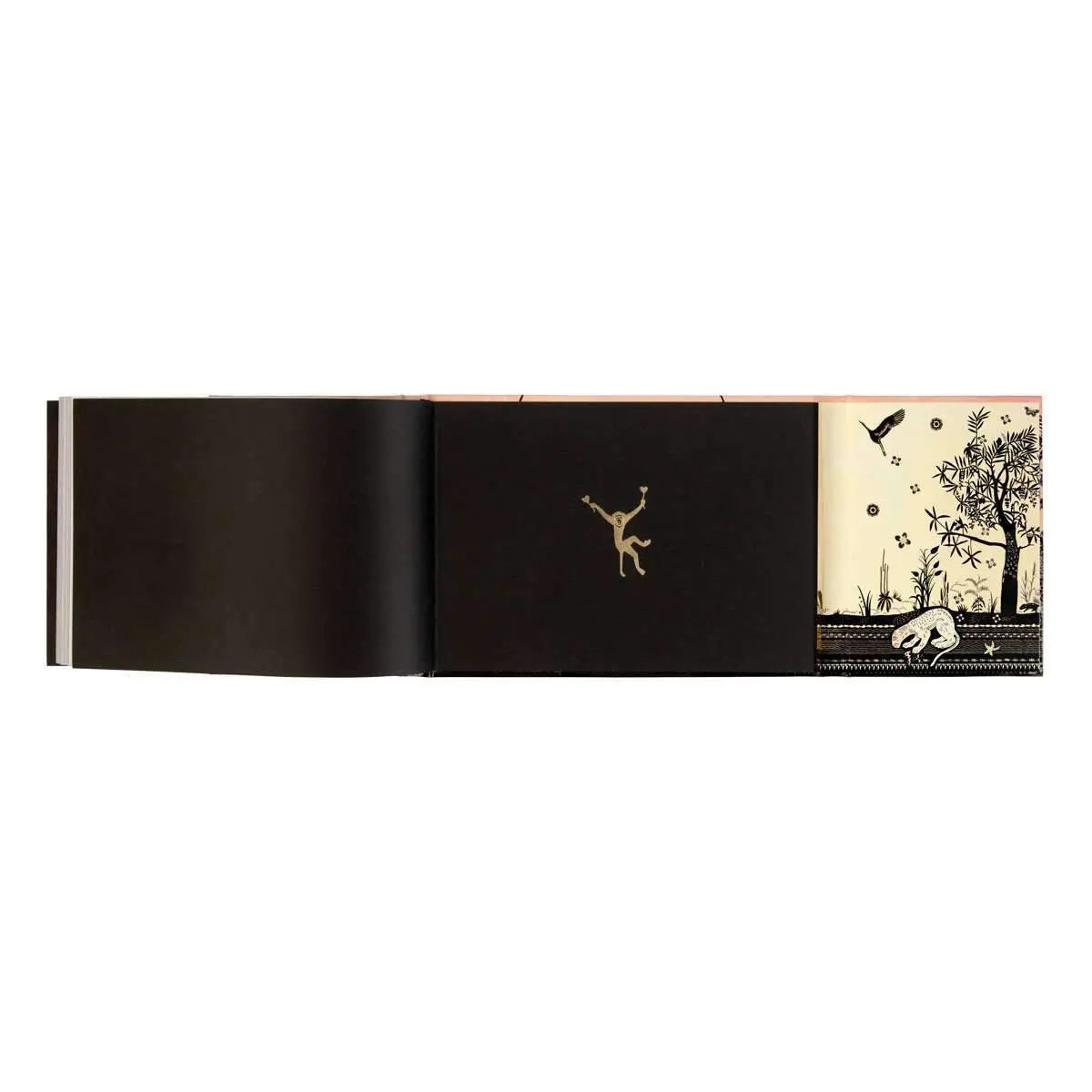 Black pages of Hachette Christian Lacroix Bois Paradis Paseo Guest Book with a gold printed design on the right page