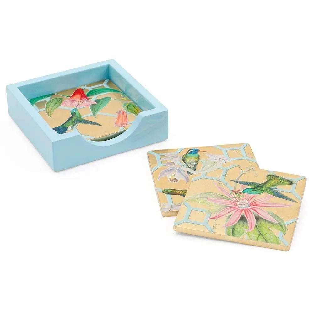 An image of Caspari Hummingbird Trellis Gold Lacquer Coaster (Set of 4)