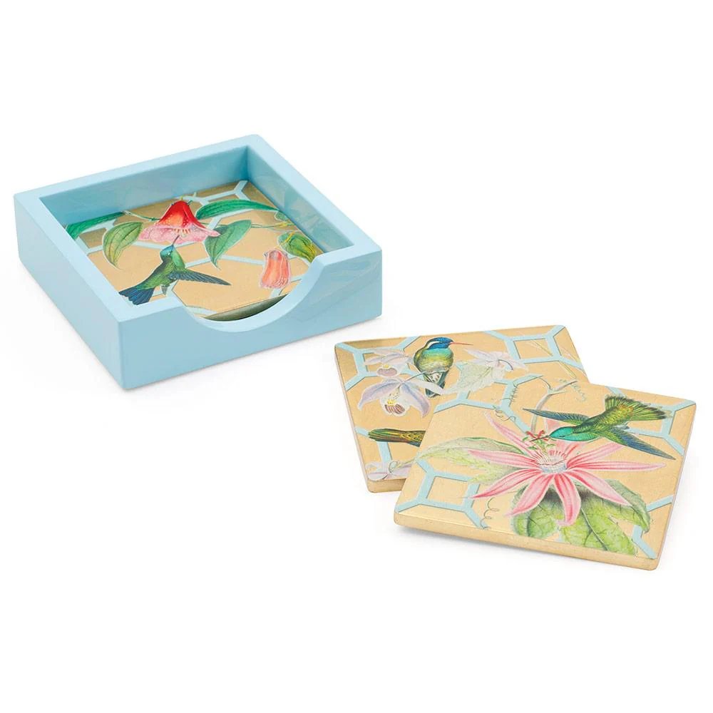 An image of Caspari Hummingbird Trellis Gold Lacquer Coaster - Set of 4
